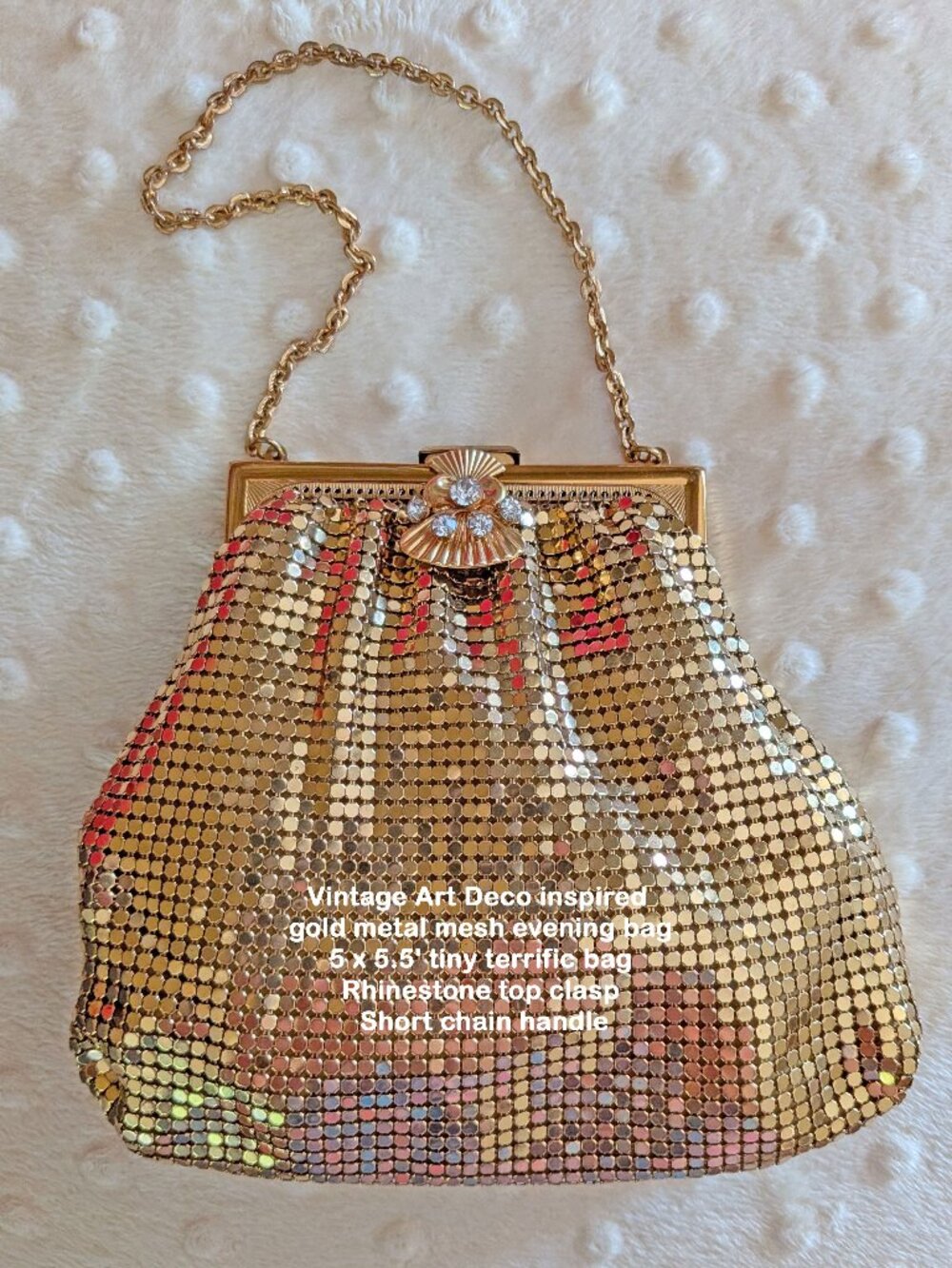 VTG Art Deco inspired gold metal mesh evening bag, 5 x 5.5' tiny terrific purse